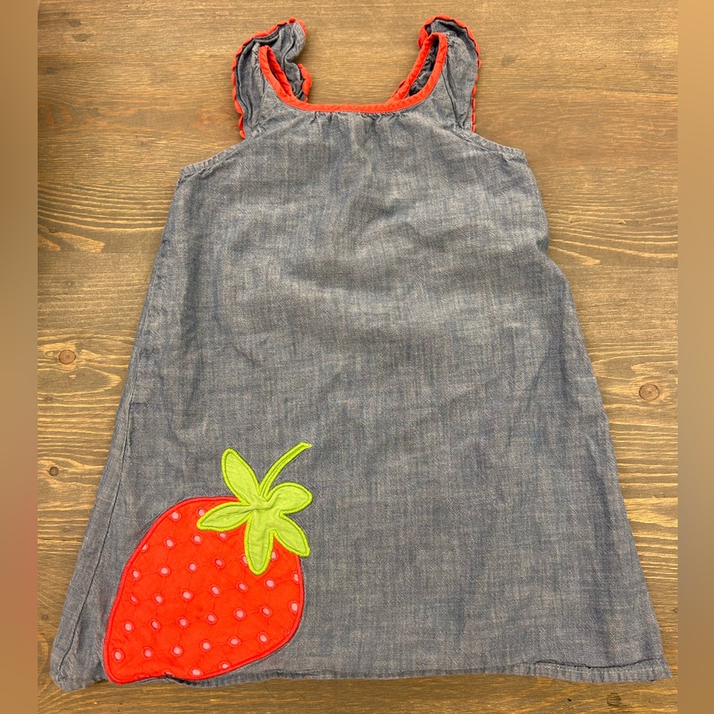 Gymboree Denim Blue Dress with Red Strawberry Applique and Lime Green Leaf